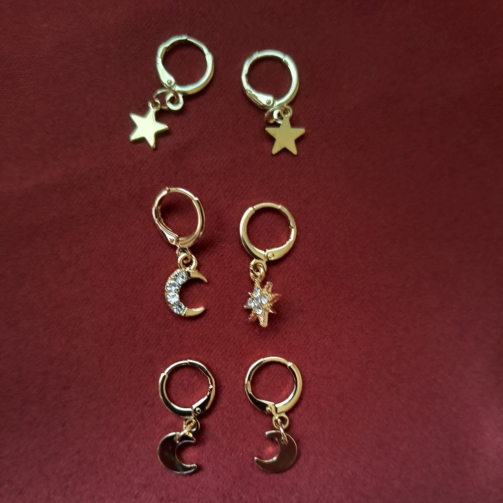 NWOT Set of 3 Gold Star & Moon Theme Earrings